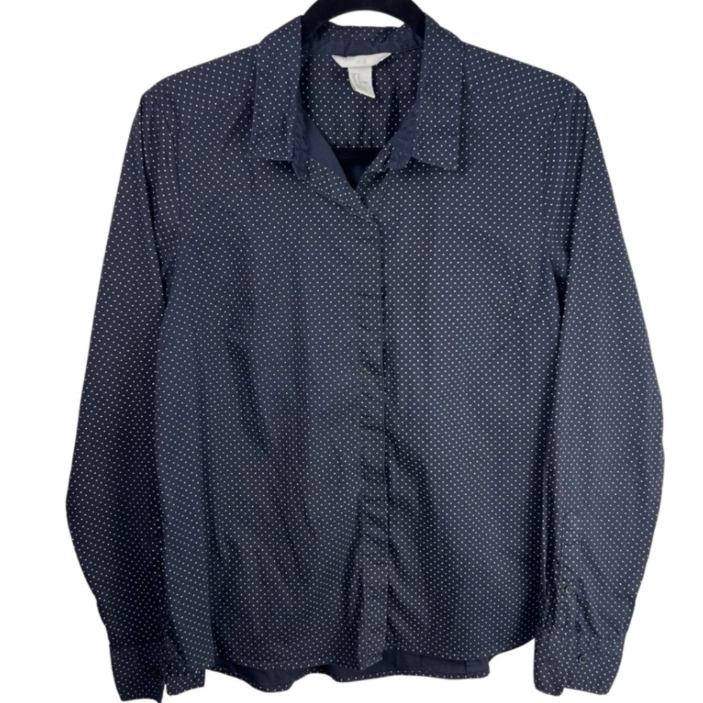 H&M Navy Polka Dot Button Up Shirt, Stretch Cotton Blend, Business Casual, 14